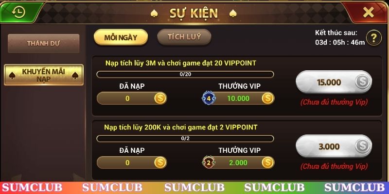 Một số khuyến mãi SUMCLUB tại cổng game